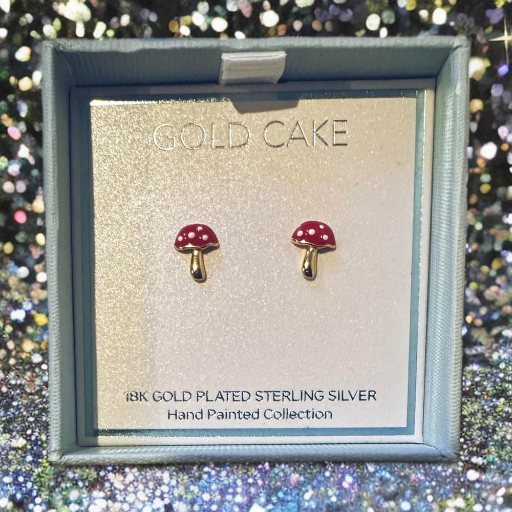 18K GOLD PLATED STERLING SILVER HAND PAINTED MUSHROOM STUD EARRINGS